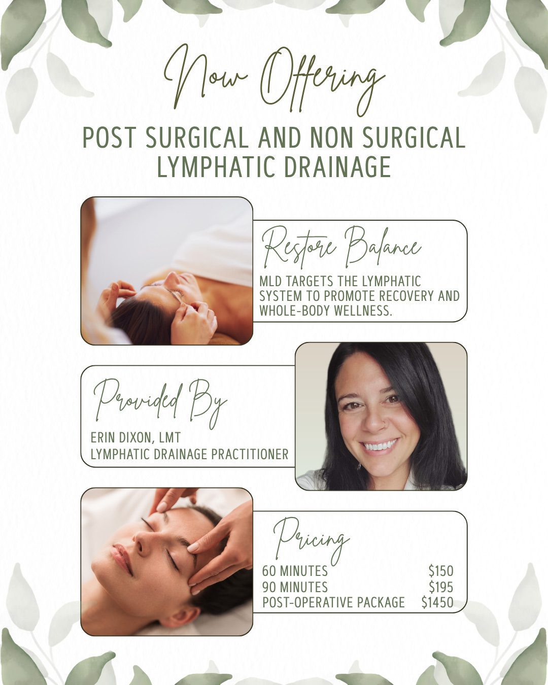 Promotional infographic for post-surgical and non-surgical lymphatic drainage services with decorative green leaves and service details.